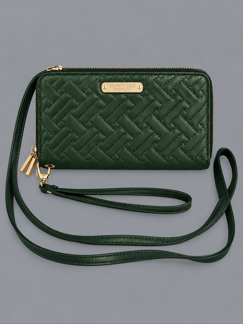 ISAAC MIZRAHI Quilted Dark Green Crossbody Wristlet Wallet with Gold Hardware